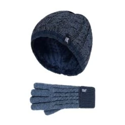 Boys Kids Cable Knit Warm Fleece Lined Thermal Winter Hat And Gloves Set